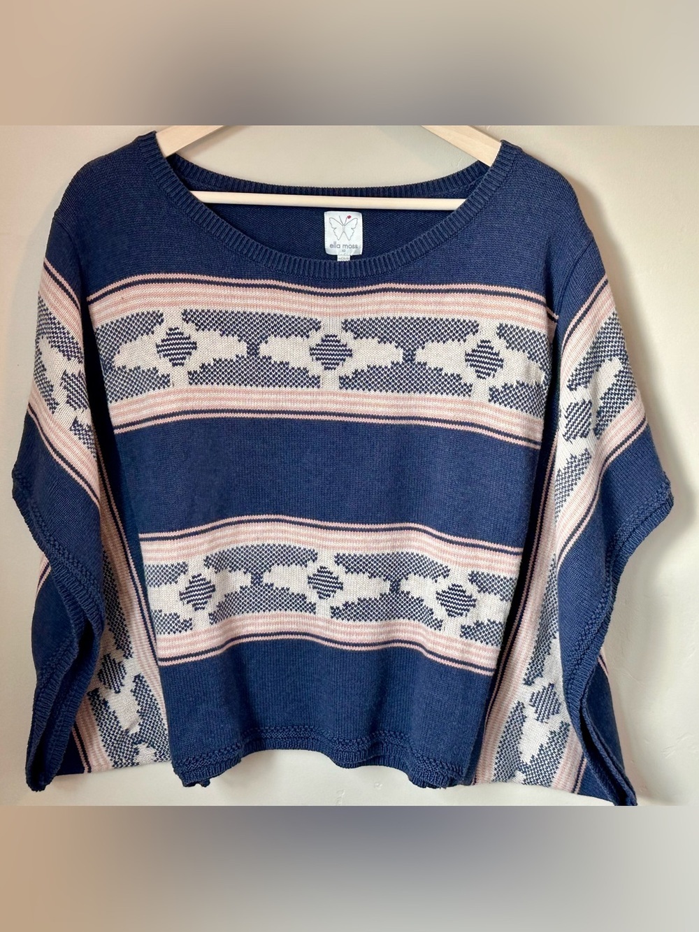 Ella Moss Knit Poncho Sweater – Navy Aztec Geo Boho Soft Cozy Layer